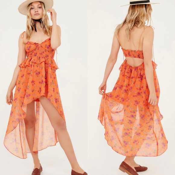 NEW NWOT For Love & Lemons Peony High Low Midi Dress In Orange Floral Print - Picture 1 of 13